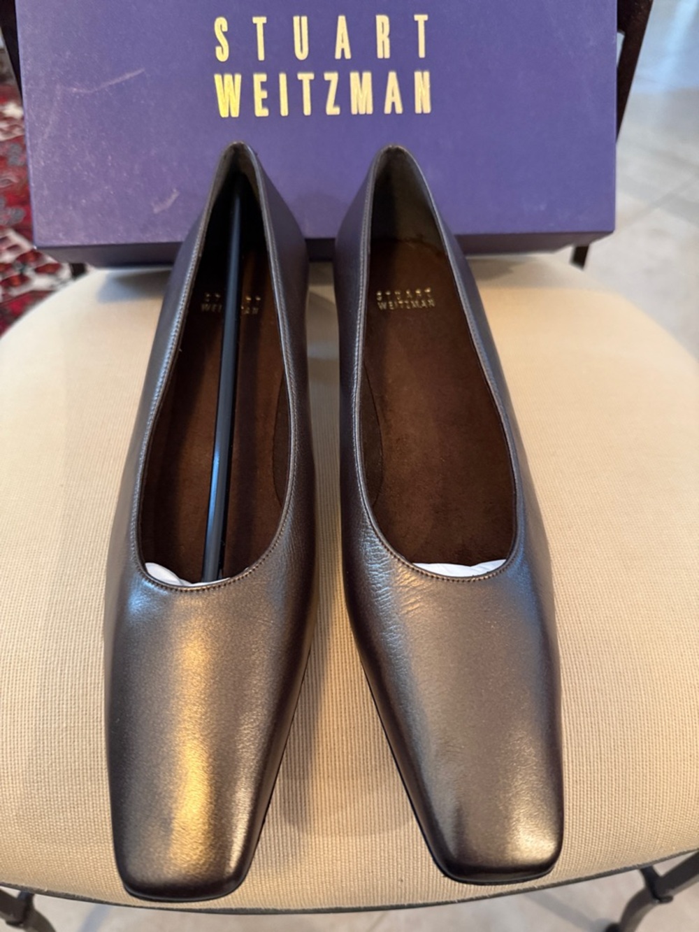 Stuart Weitzman Black Leather Square-Toe Ballet Flats